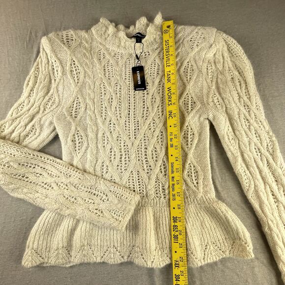 New Express Ruffle Mock Neck Pointelle Peplum Sweater White Gold Glam Holiday S - Picture 9 of 11